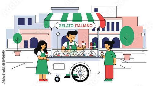 Italian gelato cart in sunny plaza with vendor serving cones. Flat modern vector for dessert culture, travel themes, and global street food
