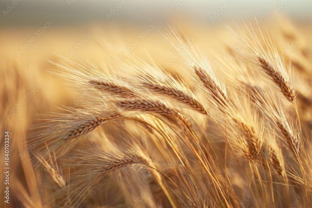 Obraz premium Sunlit Close-Up of Golden Barley Heads in Gentle Breeze