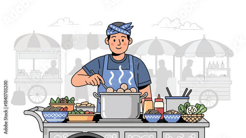 Indonesian bakso vendor cooking meatballs at street stall. Clean modern flat vector for Asian street cuisine and cultural food themes