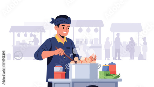 Indonesian bakso vendor cooking meatballs at street stall. Clean modern flat vector for Asian street cuisine and cultural food themes