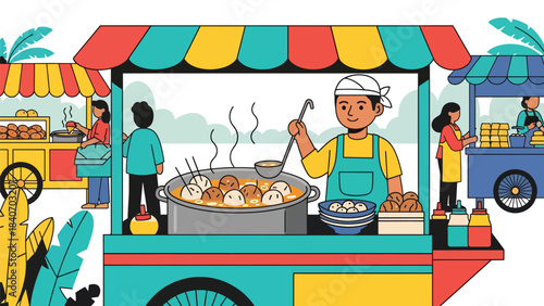 Indonesian bakso vendor cooking meatballs at street stall. Clean modern flat vector for Asian street cuisine and cultural food themes