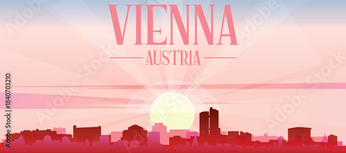 Red panoramic poster of the city skyline with misty background buildings, sunrise, moon and clouds of VIENNA, AUSTRIA