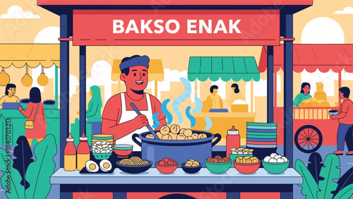Indonesian bakso vendor cooking meatballs at street stall. Clean modern flat vector for Asian street cuisine and cultural food themes