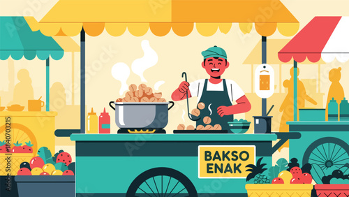 Indonesian bakso vendor cooking meatballs at street stall. Clean modern flat vector for Asian street cuisine and cultural food themes