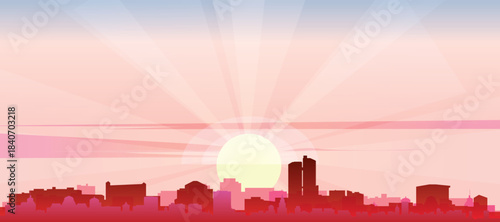 Red panoramic poster of the city skyline with misty background buildings, sunrise, moon and clouds of TOKYO, JAPAN