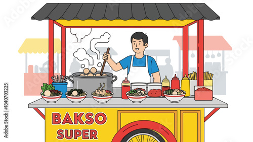 Indonesian bakso vendor cooking meatballs at street stall. Clean modern flat vector for Asian street cuisine and cultural food themes