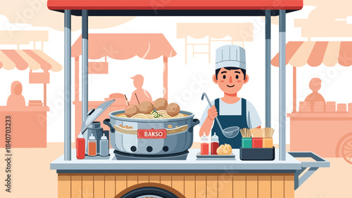 Indonesian bakso vendor cooking meatballs at street stall. Clean modern flat vector for Asian street cuisine and cultural food themes