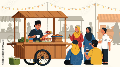 Indonesian angkringan scene with vendor serving skewers and tea. Flat vector illustration for night street food culture and traditional culinary life