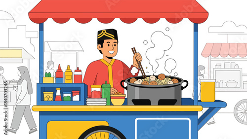 Indonesian angkringan scene with vendor serving skewers and tea. Flat vector illustration for night street food culture and traditional culinary life