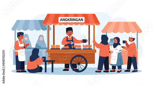 Indonesian angkringan scene with vendor serving skewers and tea. Flat vector illustration for night street food culture and traditional culinary life