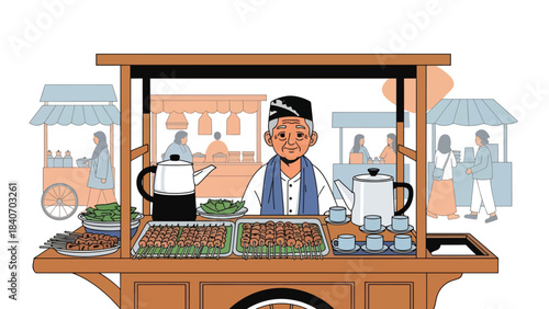 Indonesian angkringan scene with vendor serving skewers and tea. Flat vector illustration for night street food culture and traditional culinary life