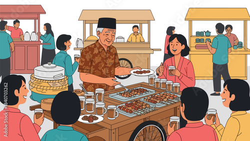 Indonesian angkringan scene with vendor serving skewers and tea. Flat vector illustration for night street food culture and traditional culinary life