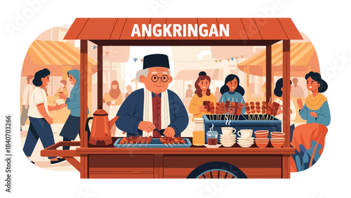 Indonesian angkringan scene with vendor serving skewers and tea. Flat vector illustration for night street food culture and traditional culinary life