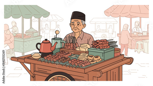 Indonesian angkringan scene with vendor serving skewers and tea. Flat vector illustration for night street food culture and traditional culinary life