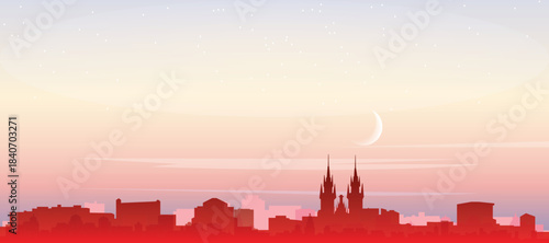 Red panoramic poster of the city skyline with misty background buildings, sunrise, moon and clouds of PRAGUE, CZECH REPUBLIC