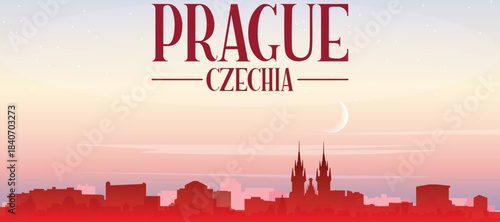 Red panoramic poster of the city skyline with misty background buildings, sunrise, moon and clouds of PRAGUE, CZECH REPUBLIC