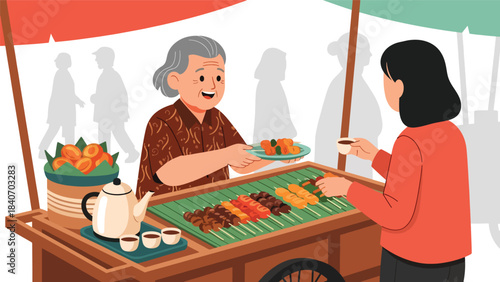 Indonesian angkringan scene with vendor serving skewers and tea. Flat vector illustration for night street food culture and traditional culinary life