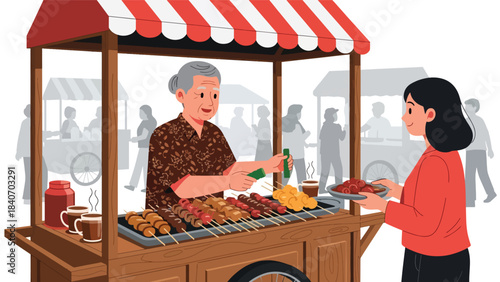 Indonesian angkringan scene with vendor serving skewers and tea. Flat vector illustration for night street food culture and traditional culinary life