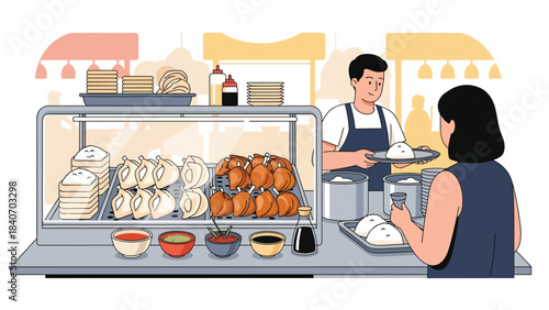 Singapore hawker stall serving chicken rice hainan in clean modern interior. Flat vector for Asian food culture and multicultural culinary themes