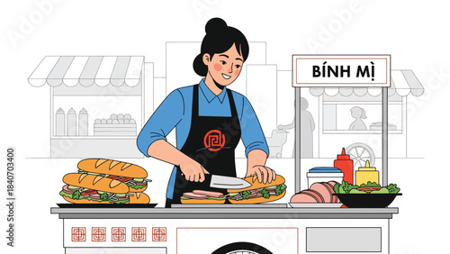 Vietnamese banh mi vendor preparing sandwiches at roadside cart. Flat modern vector for Asian street cuisine and travel food concepts