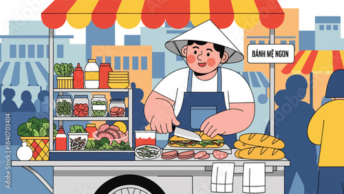 Vietnamese banh mi vendor preparing sandwiches at roadside cart. Flat modern vector for Asian street cuisine and travel food concepts