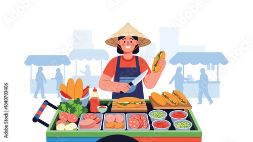 Vietnamese banh mi vendor preparing sandwiches at roadside cart. Flat modern vector for Asian street cuisine and travel food concepts