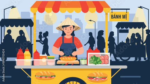 Vietnamese banh mi vendor preparing sandwiches at roadside cart. Flat modern vector for Asian street cuisine and travel food concepts
