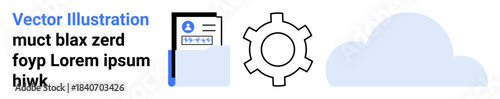 Document with ID profile next to cogwheel and cloud symbolizing process automation, file management, and cloud computing. Ideal for workflow, teamwork, IT, SaaS, innovation, and a simple landing page