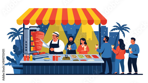 Middle Eastern shawarma stall slicing meat from rotating spit. Flat vector for Arabic cuisine and cultural street food themes