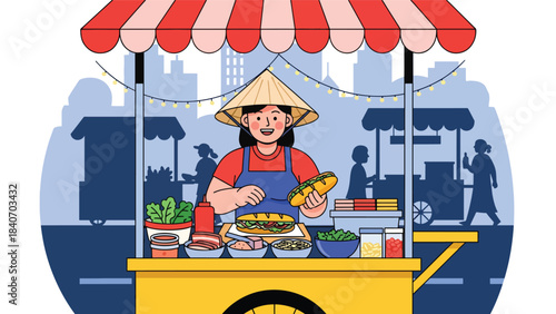 Vietnamese banh mi vendor preparing sandwiches at roadside cart. Flat modern vector for Asian street cuisine and travel food concepts