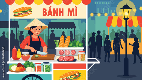 Vietnamese banh mi vendor preparing sandwiches at roadside cart. Flat modern vector for Asian street cuisine and travel food concepts