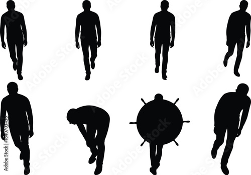 Collection of Male Silhouettes in Diverse Walking and Bending Poses Overhead View