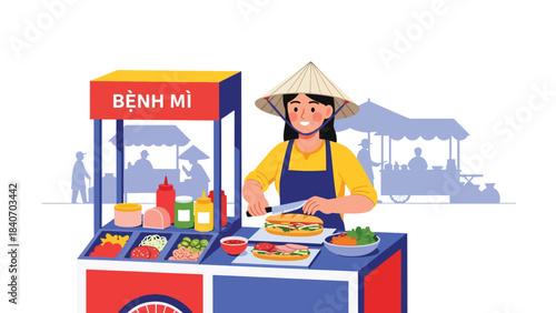 Vietnamese banh mi vendor preparing sandwiches at roadside cart. Flat modern vector for Asian street cuisine and travel food concepts
