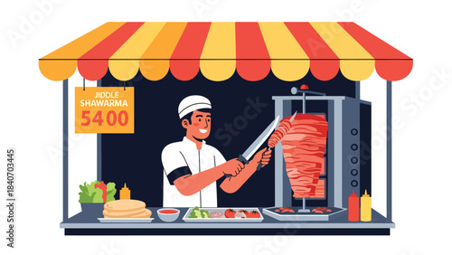 Middle Eastern shawarma stall slicing meat from rotating spit. Flat vector for Arabic cuisine and cultural street food themes