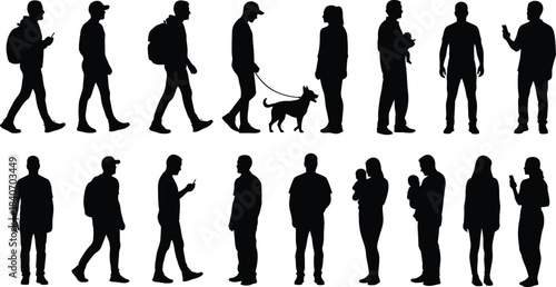Diverse Group of People Silhouettes in Various Poses and Activities Vector Illustration