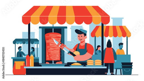 Middle Eastern shawarma stall slicing meat from rotating spit. Flat vector for Arabic cuisine and cultural street food themes
