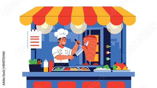 Middle Eastern shawarma stall slicing meat from rotating spit. Flat vector for Arabic cuisine and cultural street food themes