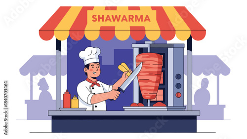 Middle Eastern shawarma stall slicing meat from rotating spit. Flat vector for Arabic cuisine and cultural street food themes