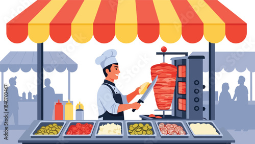 Middle Eastern shawarma stall slicing meat from rotating spit. Flat vector for Arabic cuisine and cultural street food themes