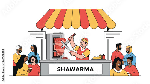 Middle Eastern shawarma stall slicing meat from rotating spit. Flat vector for Arabic cuisine and cultural street food themes