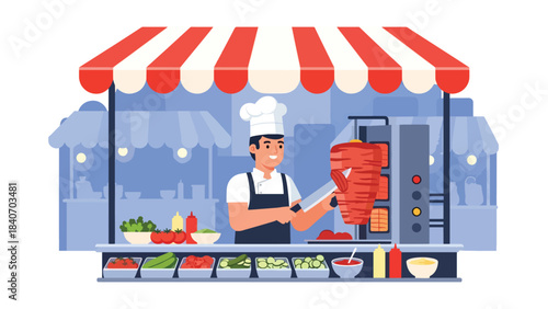 Middle Eastern shawarma stall slicing meat from rotating spit. Flat vector for Arabic cuisine and cultural street food themes