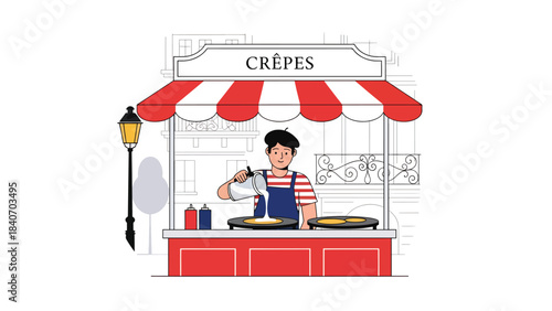 French crepe vendor preparing thin pancakes at street stand. Flat vector for European desserts and global street culinary scenes
