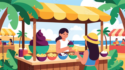 Brazilian street vendor selling açaí bowls with tropical toppings. Flat modern vector for healthy street food and vibrant South American cuisine