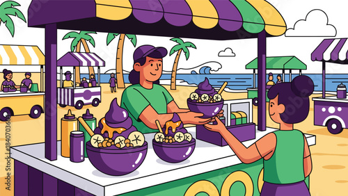 Brazilian street vendor selling açaí bowls with tropical toppings. Flat modern vector for healthy street food and vibrant South American cuisine
