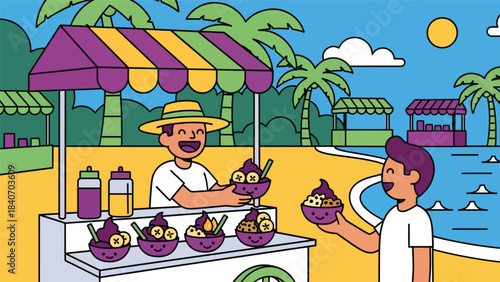 Brazilian street vendor selling açaí bowls with tropical toppings. Flat modern vector for healthy street food and vibrant South American cuisine