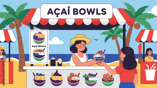 Brazilian street vendor selling açaí bowls with tropical toppings. Flat modern vector for healthy street food and vibrant South American cuisine