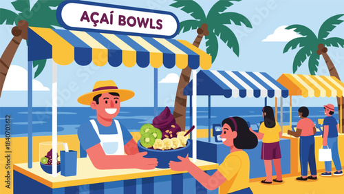 Brazilian street vendor selling açaí bowls with tropical toppings. Flat modern vector for healthy street food and vibrant South American cuisine