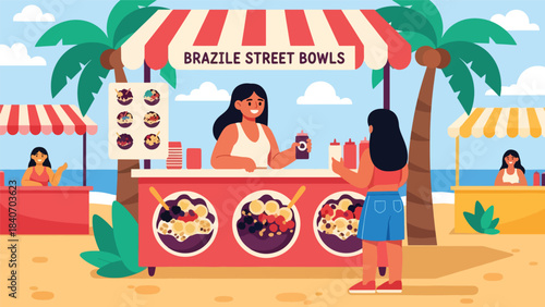 Brazilian street vendor selling açaí bowls with tropical toppings. Flat modern vector for healthy street food and vibrant South American cuisine
