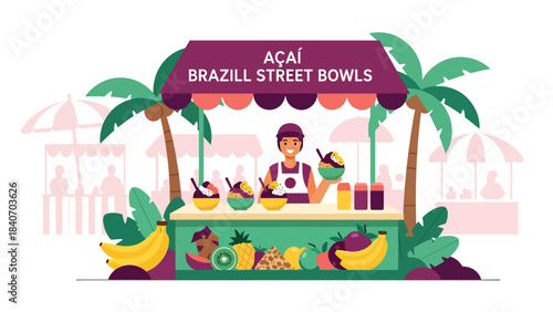 Brazilian street vendor selling açaí bowls with tropical toppings. Flat modern vector for healthy street food and vibrant South American cuisine