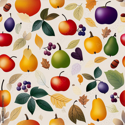秋の果物と色とりどりの落ち葉を組み合わせたシームレスパターン背景｜包装紙,生地,パターン